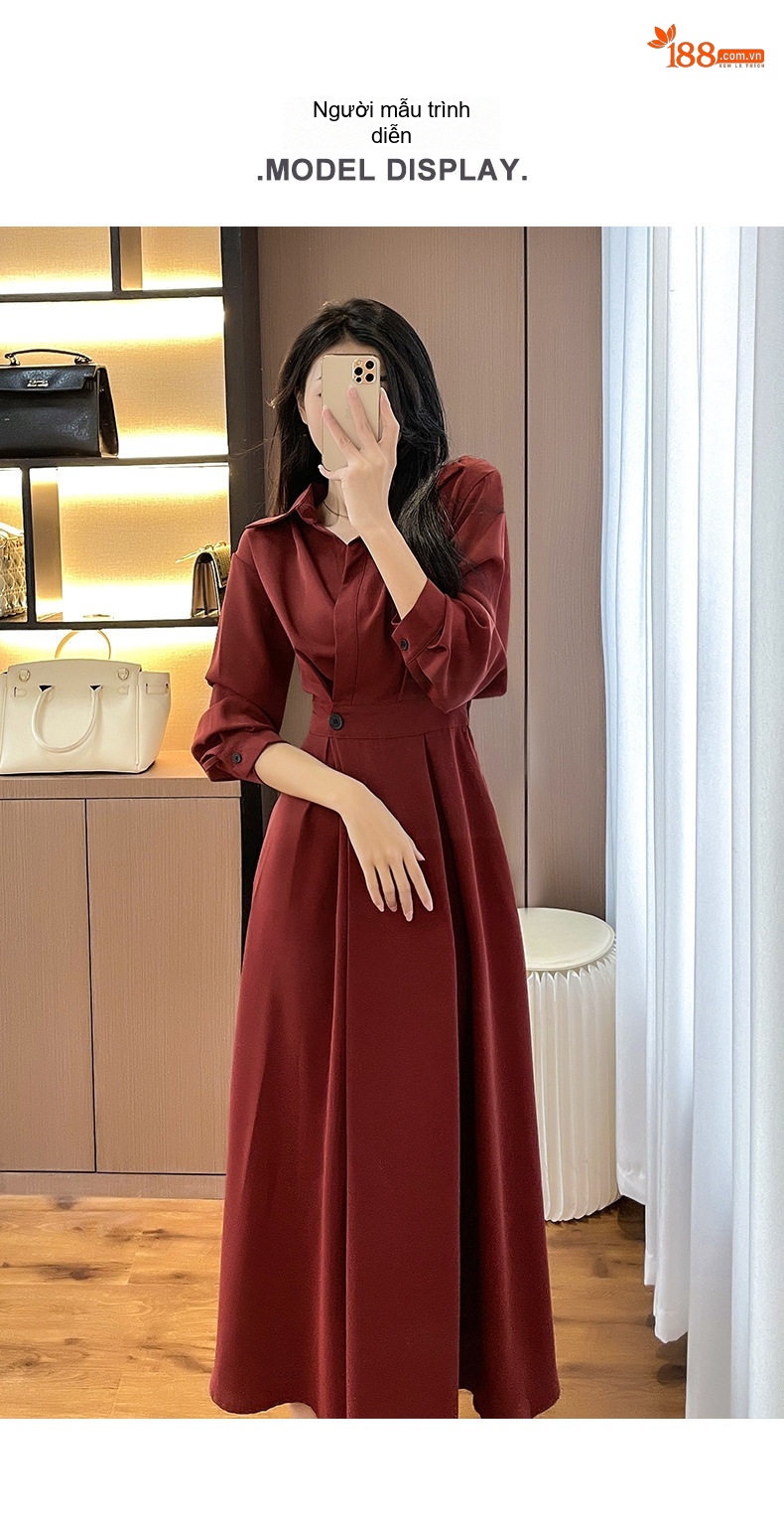 Váy Sơ Mi dáng chữ A Nữ Phong Cách Pháp Thanh Lịch Màu Đỏ Rượu Vang chi tiết 6