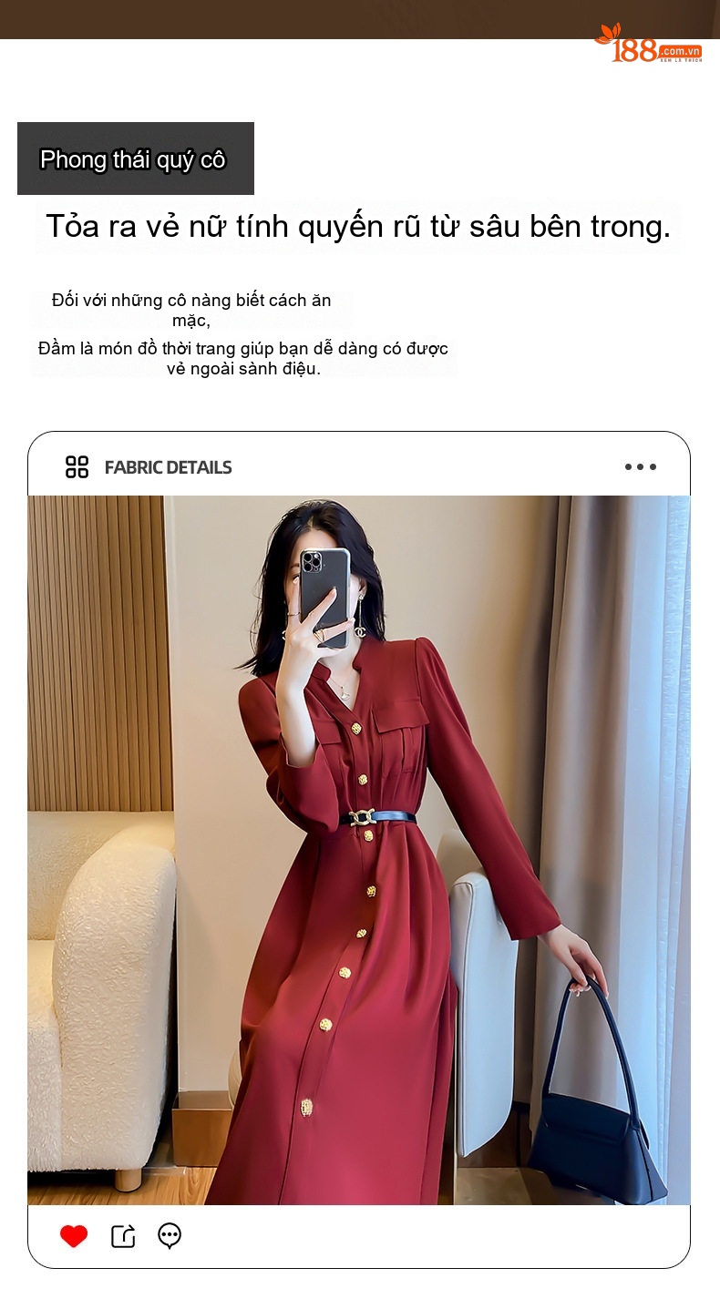 Váy Sơ Mi Dáng Dài Tay Dài Phong Cách Thanh Lịch Màu Đỏ Rượu Vang chi tiết 3
