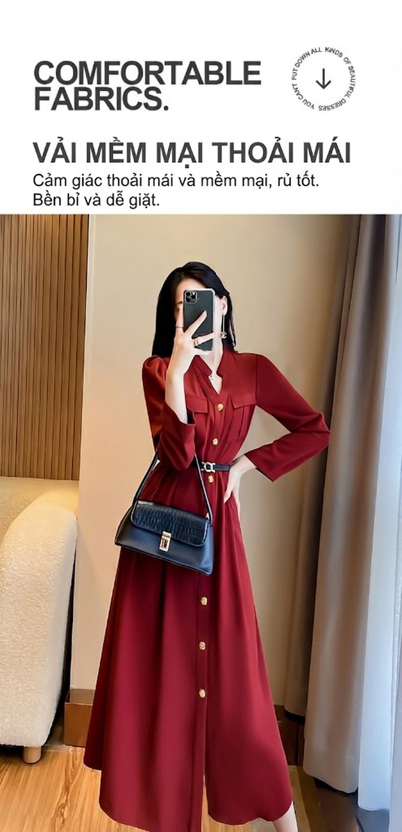 Váy Sơ Mi Dáng Dài Tay Dài Phong Cách Thanh Lịch Màu Đỏ Rượu Vang chi tiết 4