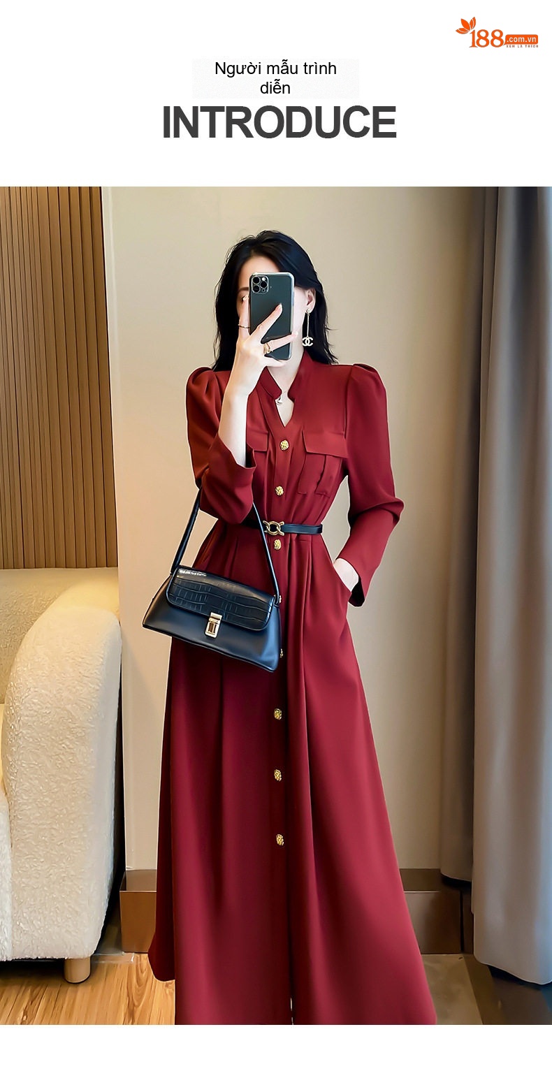 Váy Sơ Mi Dáng Dài Tay Dài Phong Cách Thanh Lịch Màu Đỏ Rượu Vang chi tiết 6