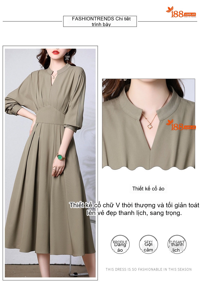 Váy Sơ Mi Dáng Dài Tay Dài Phong Cách Thanh Lịch Màu Nâu, Xanh Rêu, Đen chi tiết 6