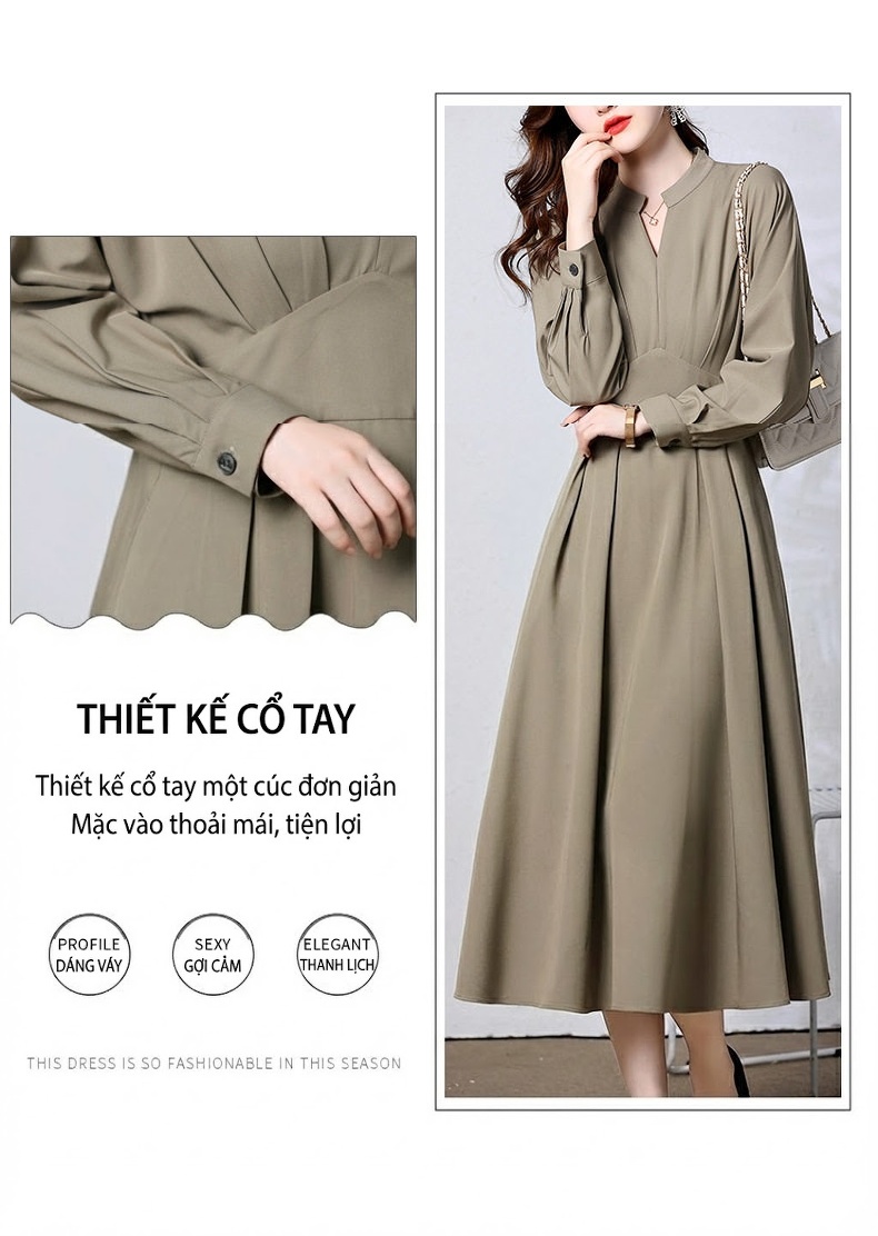 Váy Sơ Mi Dáng Dài Tay Dài Phong Cách Thanh Lịch Màu Nâu, Xanh Rêu, Đen chi tiết 7