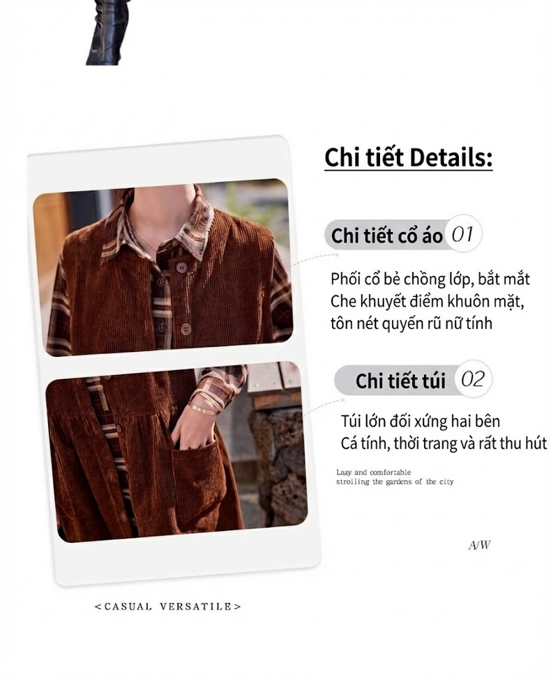 Váy Sơ Mi Nữ Dáng Dài Tay Dài Họa Tiết Kẻ Caro Thiết Kế Pháp Chất Liệu Vải Lanh, Áo Gile Vải Nhung Tăm Màu Nâu chi tiết 6