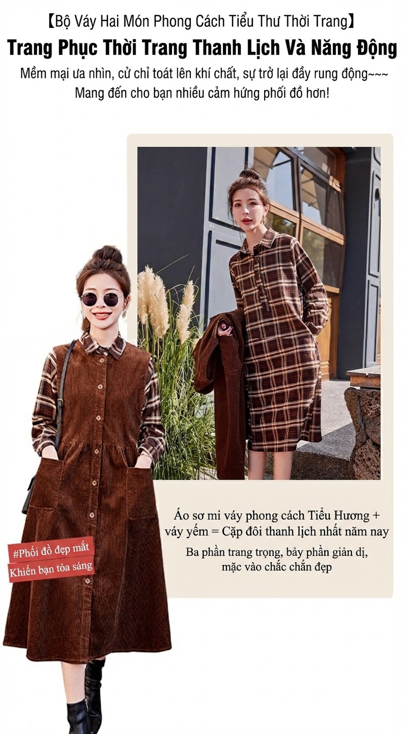 Váy Sơ Mi Nữ Dáng Dài Tay Dài Họa Tiết Kẻ Caro Thiết Kế Pháp Chất Liệu Vải Lanh, Áo Gile Vải Nhung Tăm Màu Nâu chi tiết 5