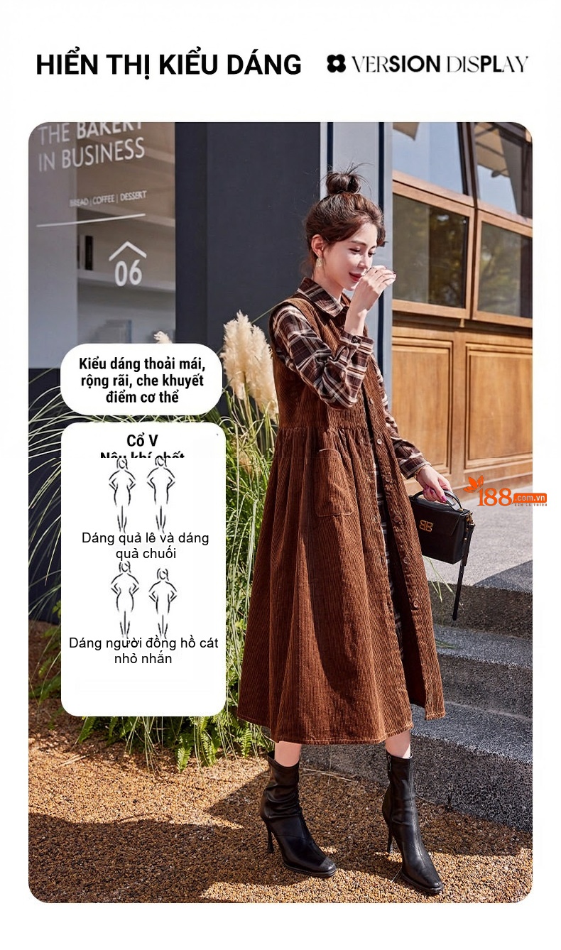 Váy Sơ Mi Nữ Dáng Dài Tay Dài Họa Tiết Kẻ Caro Thiết Kế Pháp Chất Liệu Vải Lanh, Áo Gile Vải Nhung Tăm Màu Nâu chi tiết 8