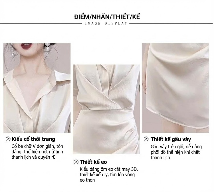 Váy Sơ Mi Nữ Ôm Eo Tôn Dáng Thanh Lịch Màu Đen, Kem chi tiết 5