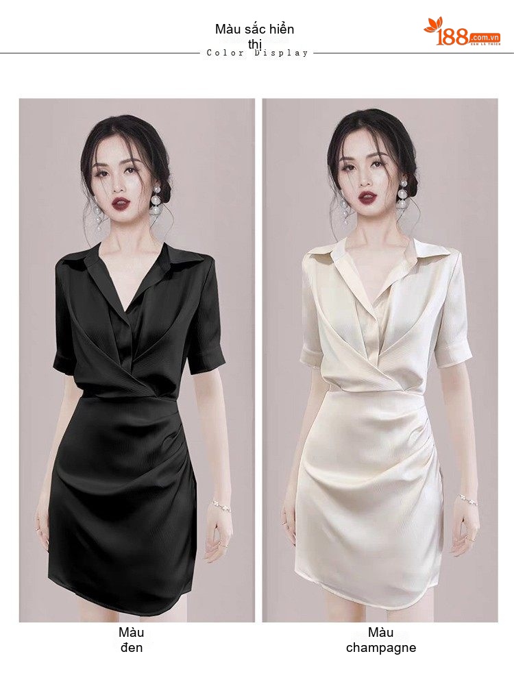 Váy Sơ Mi Nữ Ôm Eo Tôn Dáng Thanh Lịch Màu Đen, Kem chi tiết 7