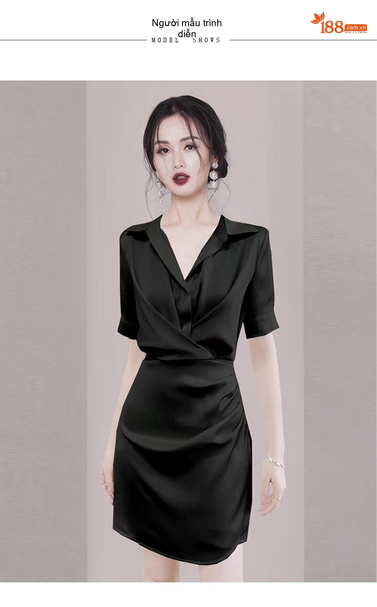 Váy Sơ Mi Nữ Ôm Eo Tôn Dáng Thanh Lịch Màu Đen, Kem chi tiết 8