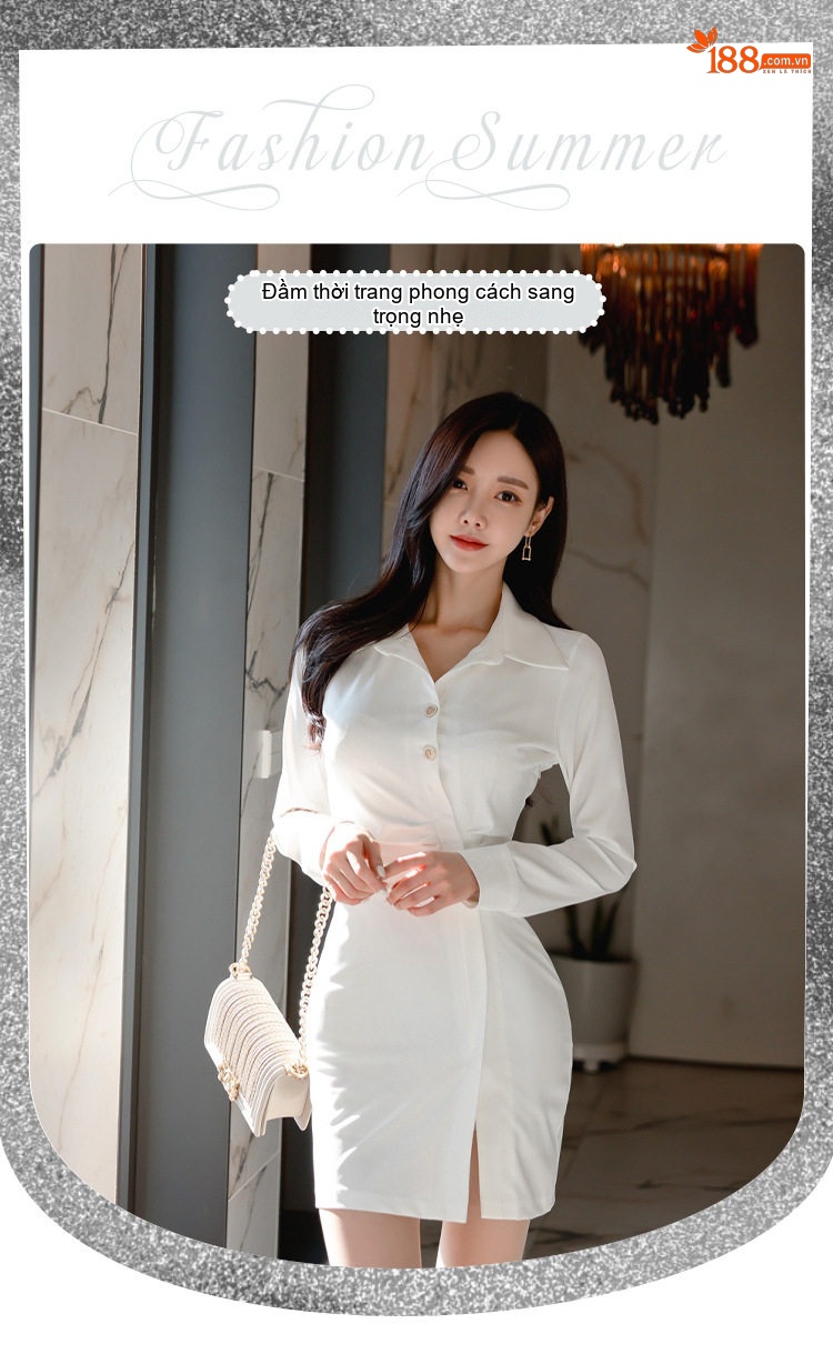 Váy Sơ Mi Nữ Tay Dài Cổ Bẻ Thanh Lịch Dáng Ôm Màu Trắng chi tiết 2