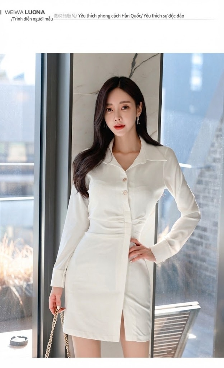 Váy Sơ Mi Nữ Tay Dài Cổ Bẻ Thanh Lịch Dáng Ôm Màu Trắng chi tiết 6
