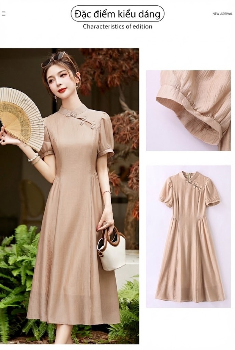 Váy Sườn Xám Cách Tân Nữ Cổ Điển Phong Cách Trung Quốc Thanh Lịch Màu Xám, Xanh, Tím chi tiết 3