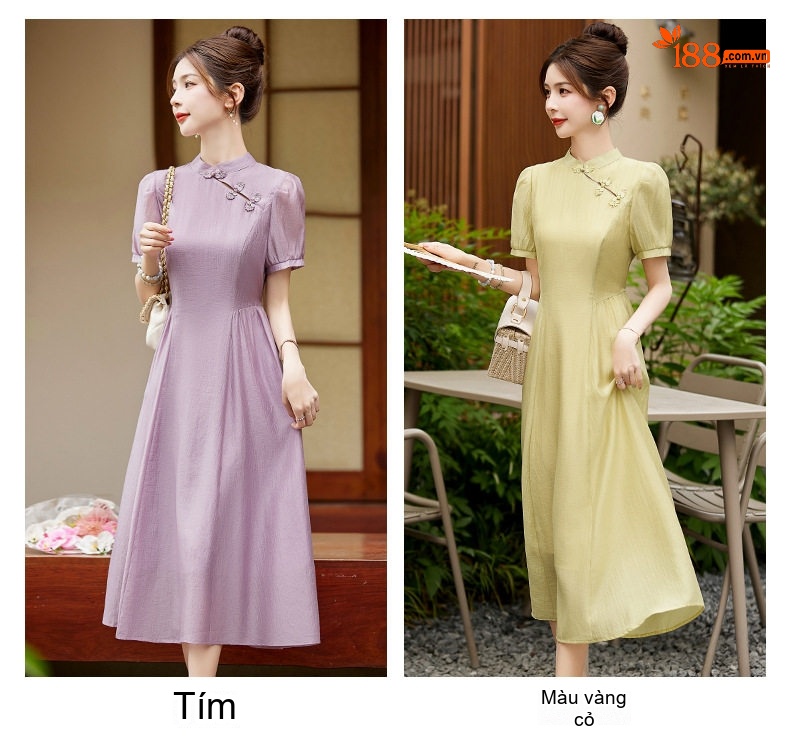 Váy Sườn Xám Cách Tân Nữ Cổ Điển Phong Cách Trung Quốc Thanh Lịch Màu Xám, Xanh, Tím chi tiết 11