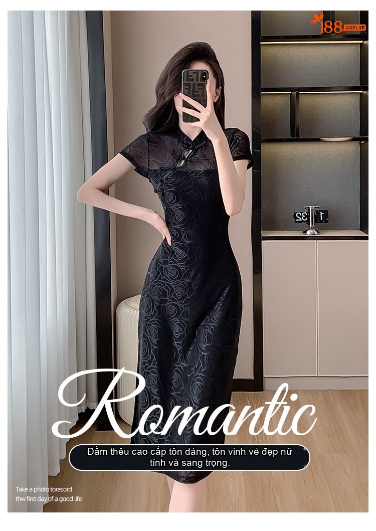 Váy Sườn Xám Cách Tân Nữ Cổ Tàu Xẻ Tà Ôm Body Họa Tiết Hoa Màu Đen chi tiết 1