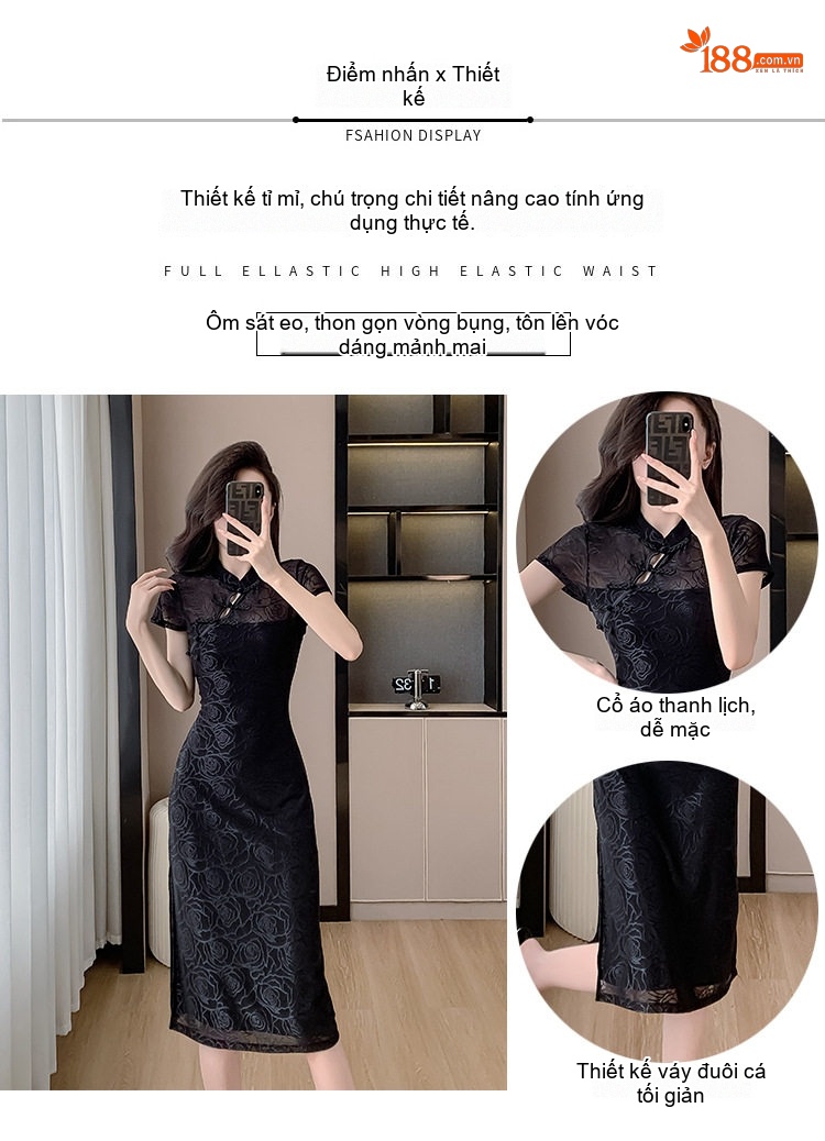 Váy Sườn Xám Cách Tân Nữ Cổ Tàu Xẻ Tà Ôm Body Họa Tiết Hoa Màu Đen chi tiết 2