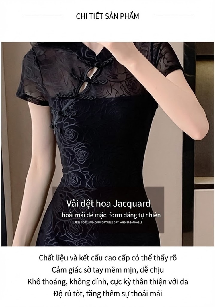 Váy Sườn Xám Cách Tân Nữ Cổ Tàu Xẻ Tà Ôm Body Họa Tiết Hoa Màu Đen chi tiết 3