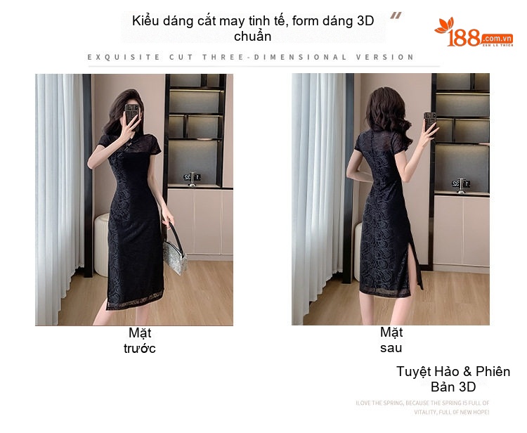 Váy Sườn Xám Cách Tân Nữ Cổ Tàu Xẻ Tà Ôm Body Họa Tiết Hoa Màu Đen chi tiết 4