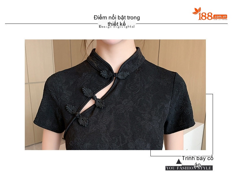 Váy Sườn Xám Cách Tân Nữ Xẻ Tà Thiết Kế Nhún Eo Màu Đen chi tiết 3