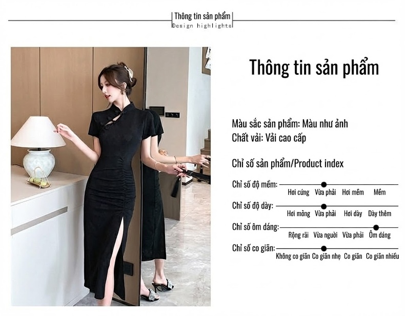 Váy Sườn Xám Cách Tân Nữ Xẻ Tà Thiết Kế Nhún Eo Màu Đen chi tiết 7