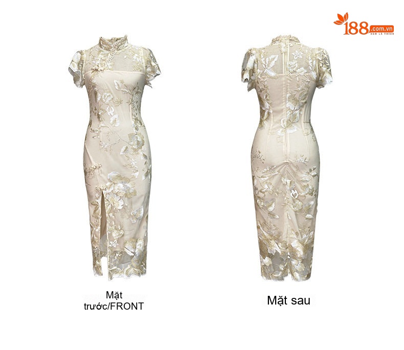 Váy Sườn Xám Nữ Cổ Điển Thiết Kế Ren Móc Hoa, Xẻ Tà, Ôm Eo Màu Kem chi tiết 5