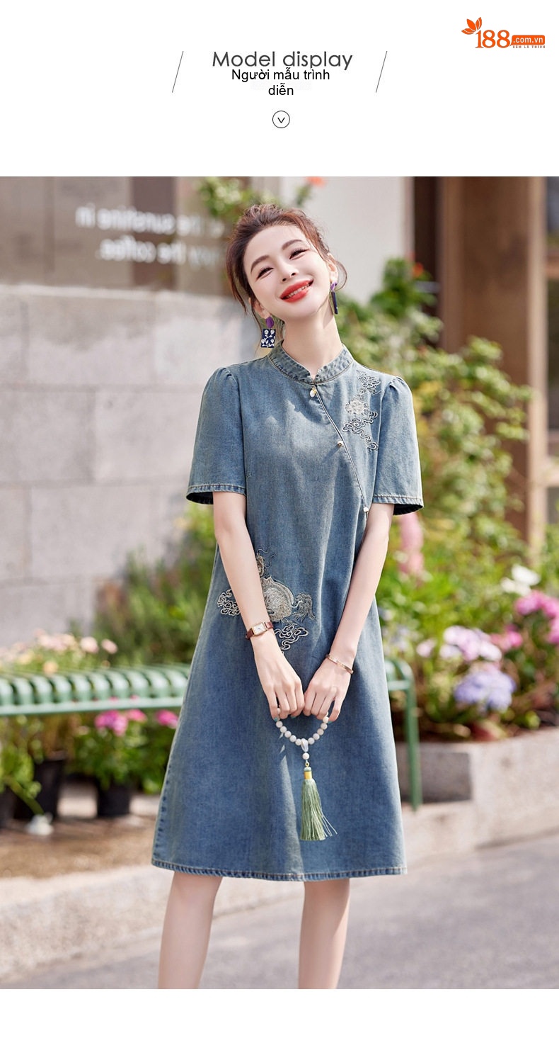 Váy Sườn Xám Nữ dáng chữ A Denim Thêu Họa Tiết Phong Cách Trung Hoa chi tiết 13