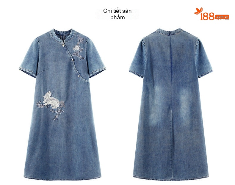 Váy Sườn Xám Nữ dáng chữ A Denim Thêu Họa Tiết Phong Cách Trung Hoa chi tiết 18