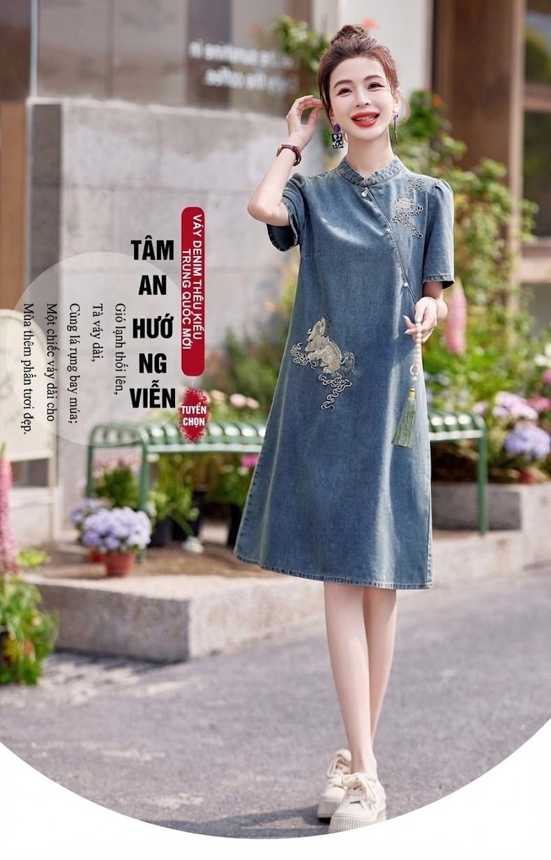 Váy Sườn Xám Nữ dáng chữ A Denim Thêu Họa Tiết Phong Cách Trung Hoa chi tiết 1