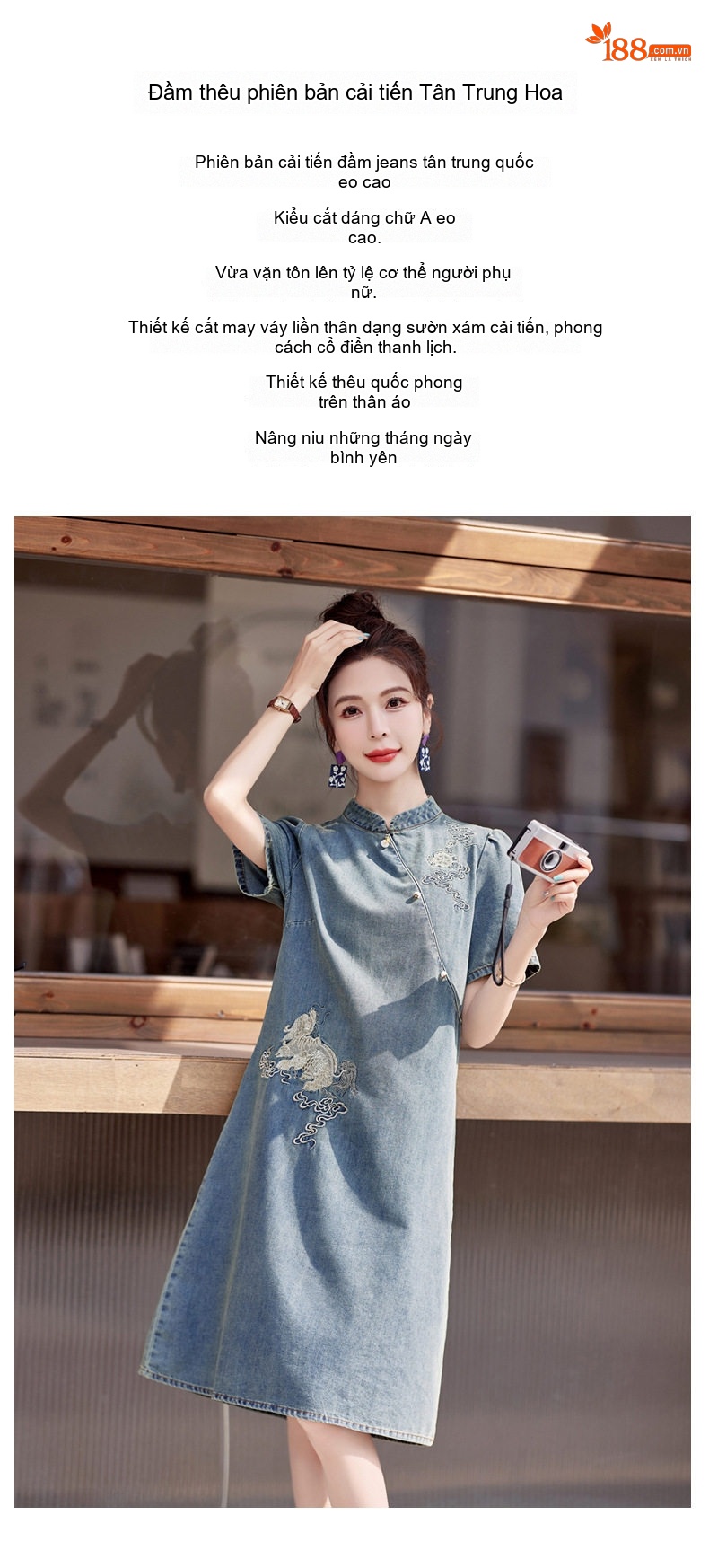 Váy Sườn Xám Nữ dáng chữ A Denim Thêu Họa Tiết Phong Cách Trung Hoa chi tiết 3