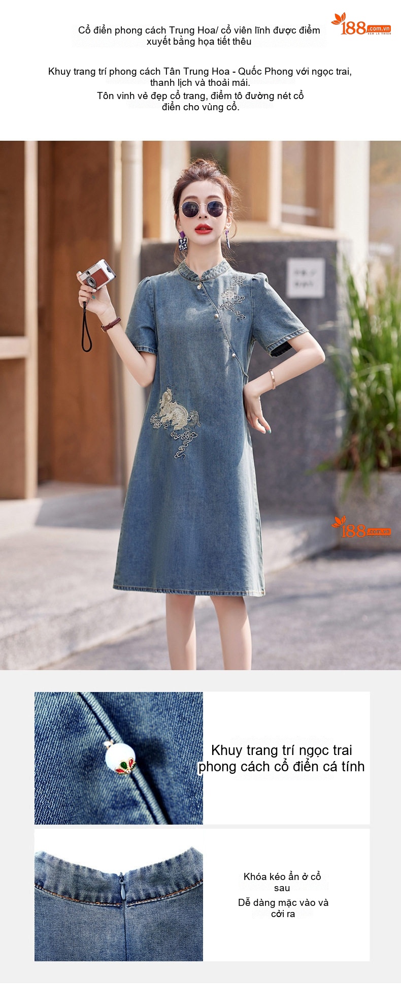 Váy Sườn Xám Nữ dáng chữ A Denim Thêu Họa Tiết Phong Cách Trung Hoa chi tiết 8