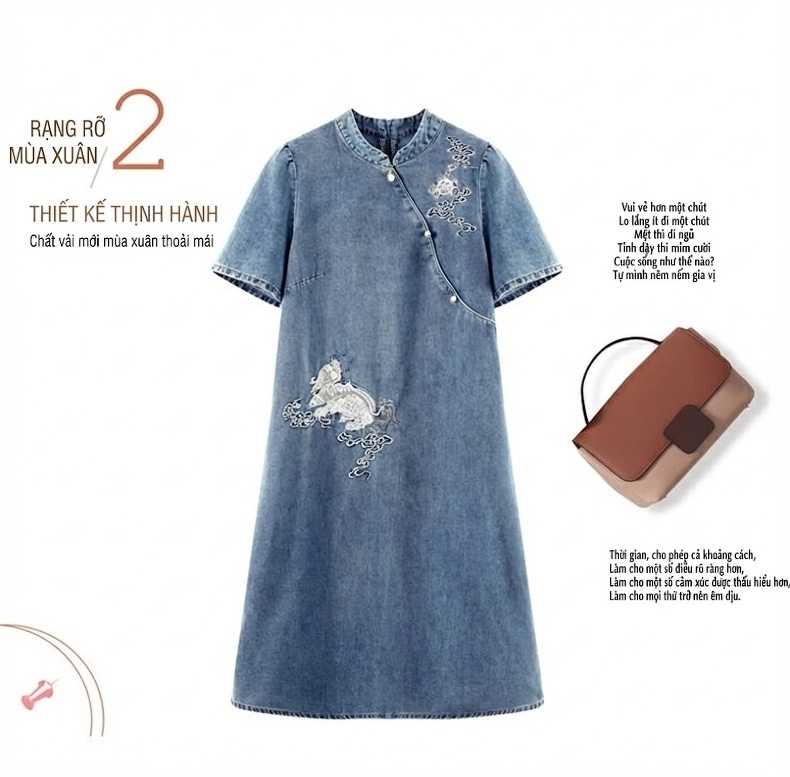 Váy Sườn Xám Nữ dáng chữ A Denim Thêu Họa Tiết Phong Cách Trung Hoa chi tiết 4