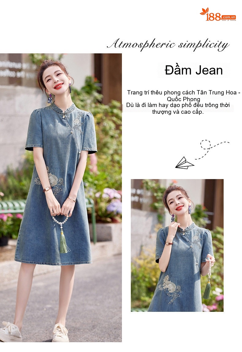 Váy Sườn Xám Nữ dáng chữ A Denim Thêu Họa Tiết Phong Cách Trung Hoa chi tiết 5