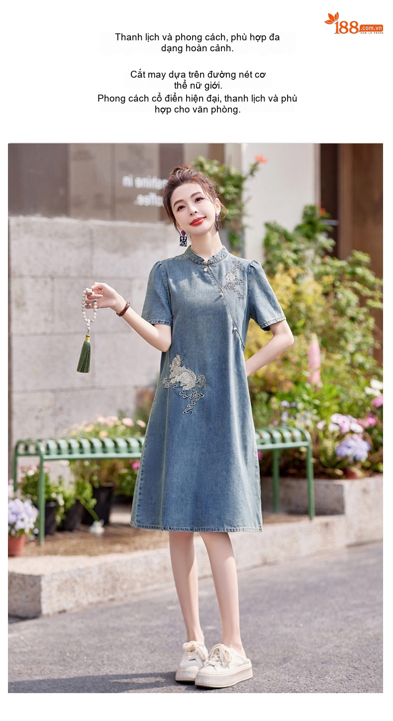 Váy Sườn Xám Nữ dáng chữ A Denim Thêu Họa Tiết Phong Cách Trung Hoa chi tiết 6