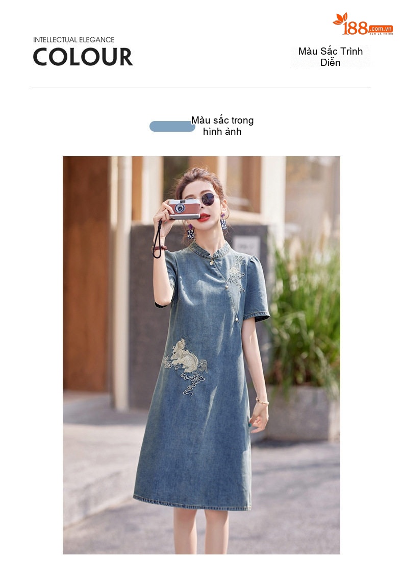 Váy Sườn Xám Nữ dáng chữ A Denim Thêu Họa Tiết Phong Cách Trung Hoa chi tiết 7