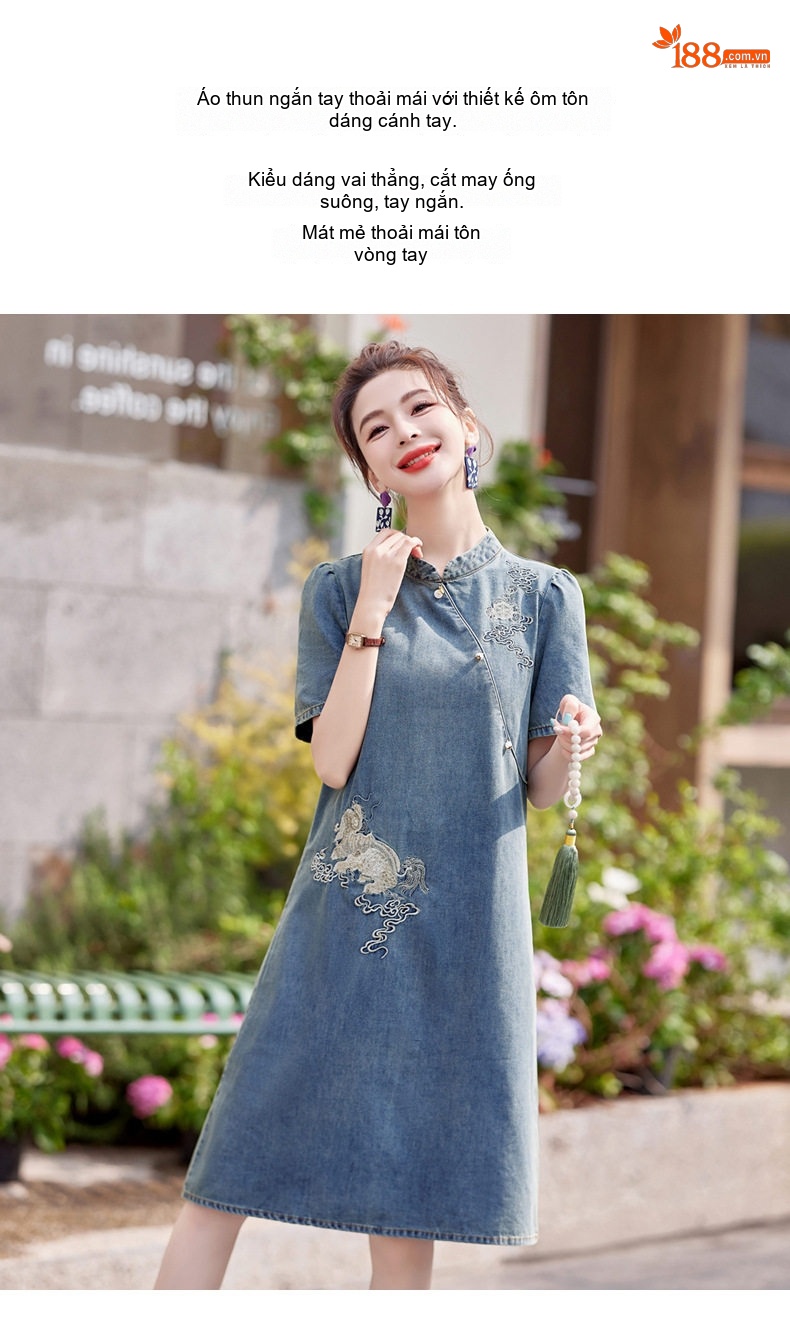 Váy Sườn Xám Nữ dáng chữ A Denim Thêu Họa Tiết Phong Cách Trung Hoa chi tiết 9