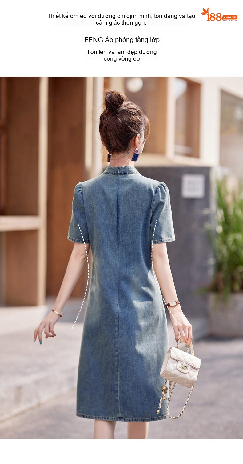 Váy Sườn Xám Nữ dáng chữ A Denim Thêu Họa Tiết Phong Cách Trung Hoa chi tiết 10