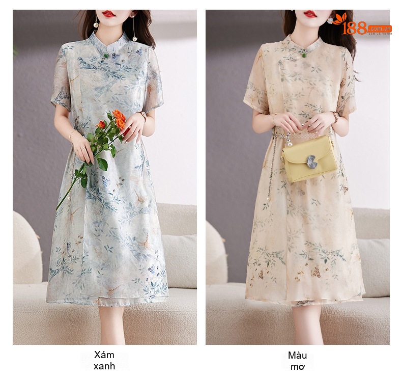 Váy Sườn Xám Nữ Trung Niên Phong Cách Tân Quốc Dân Tay Ngắn Họa Tiết Thanh Lịch chi tiết 9