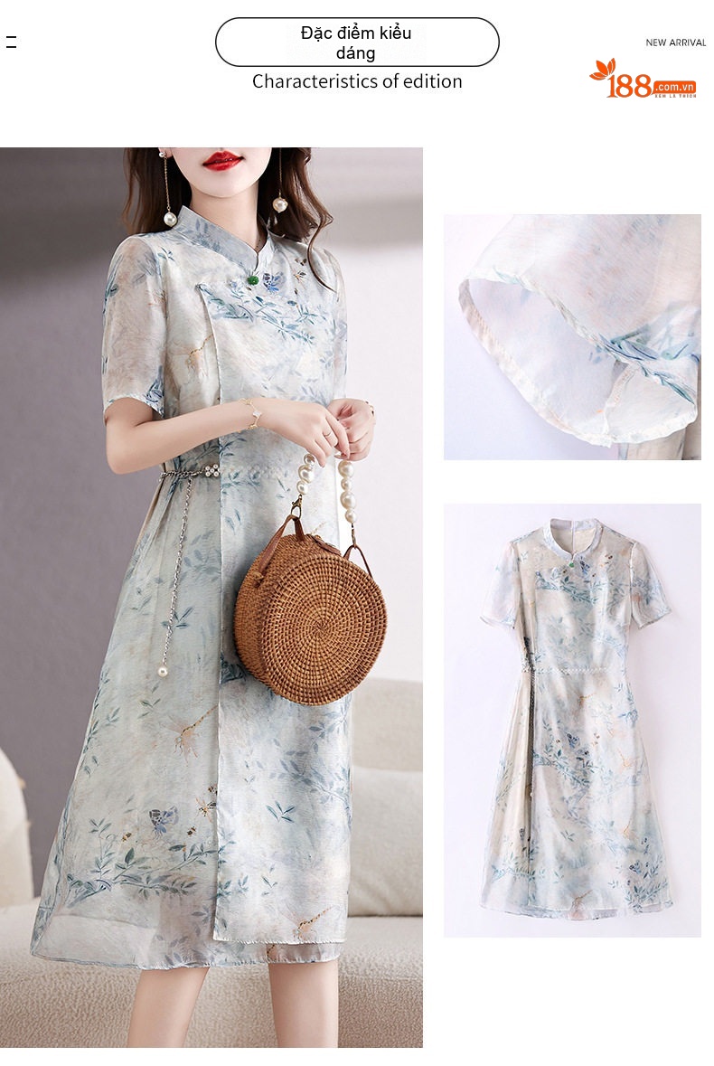Váy Sườn Xám Nữ Trung Niên Phong Cách Tân Quốc Dân Tay Ngắn Họa Tiết Thanh Lịch chi tiết 3