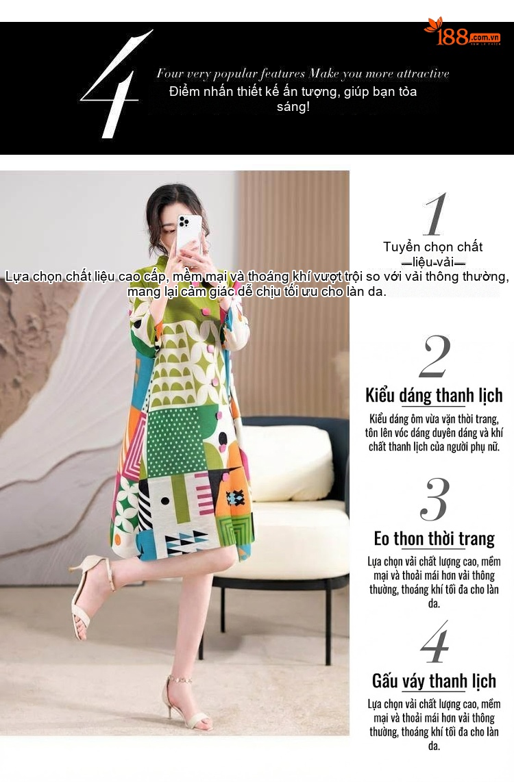 Váy Suông Dập Ly Nữ Co Giãn Thiết Kế In Họa Tiết Nhiều Màu chi tiết 5