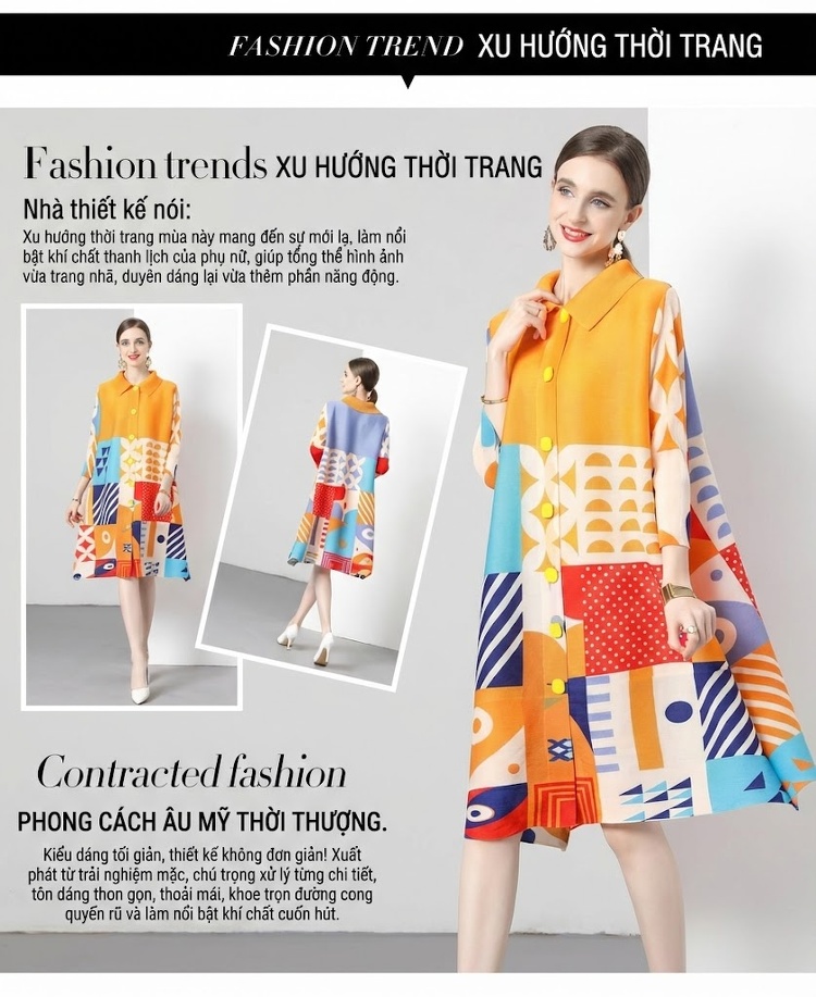 Váy Suông Dập Ly Nữ Co Giãn Thiết Kế In Họa Tiết Nhiều Màu chi tiết 4