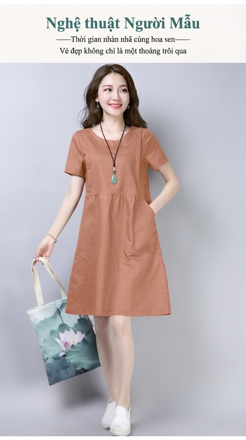 Váy Suông Nữ Cotton Lanh Dáng Rộng Che Bụng Phong Cách Đơn Giản Màu Nâu, Xanh Lá chi tiết 7