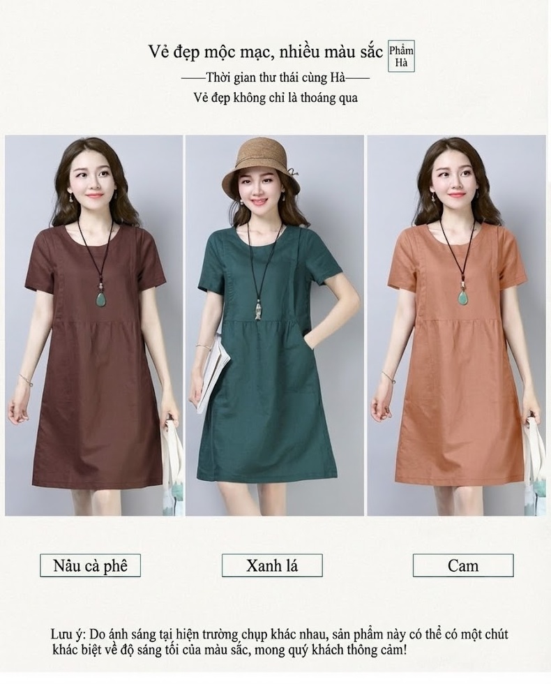 Váy Suông Nữ Cotton Lanh Dáng Rộng Che Bụng Phong Cách Đơn Giản Màu Nâu, Xanh Lá chi tiết 6