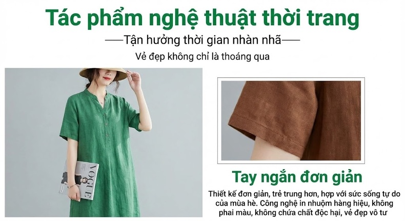 Váy Suông Nữ Cotton Lanh Dáng Rộng Che Bụng Phong Cách Đơn Giản Màu Nâu, Xanh Lá chi tiết 4