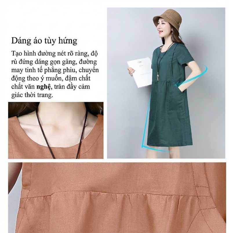 Váy Suông Nữ Cotton Lanh Dáng Rộng Che Bụng Phong Cách Đơn Giản Màu Nâu, Xanh Lá chi tiết 5