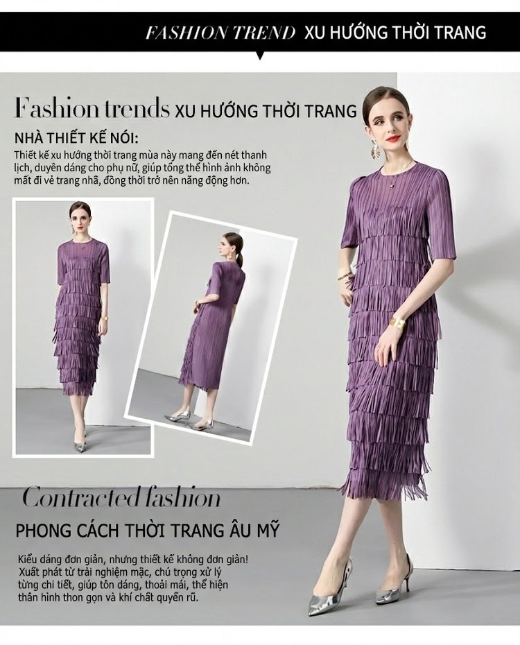 Váy Suông Nữ Dập Ly, Xếp Ly Thiết Kế Tua Rua, Co Giãn Tốt, Phong Cách Thanh Lịch Màu Hồng, Xanh Dương, Đỏ, Đen... chi tiết 4