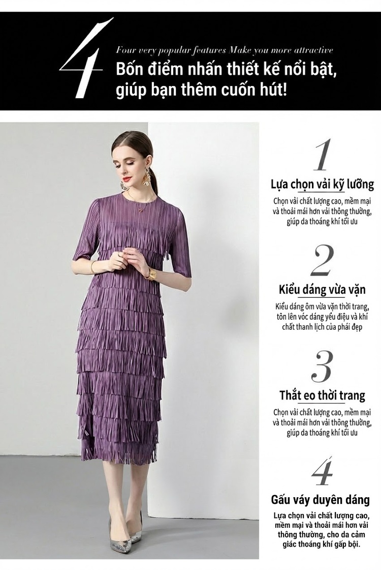 Váy Suông Nữ Dập Ly, Xếp Ly Thiết Kế Tua Rua, Co Giãn Tốt, Phong Cách Thanh Lịch Màu Hồng, Xanh Dương, Đỏ, Đen... chi tiết 5