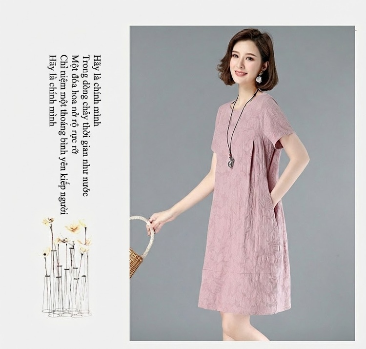 Váy Suông Nữ In Họa Tiết dáng chữ A Tay Ngắn Dáng Dài Vừa Màu Hồng chi tiết 9