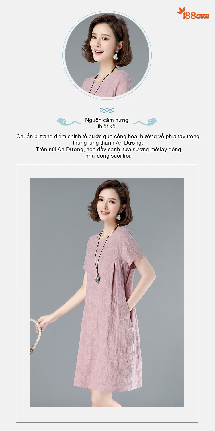 Váy Suông Nữ In Họa Tiết dáng chữ A Tay Ngắn Dáng Dài Vừa Màu Hồng chi tiết 2