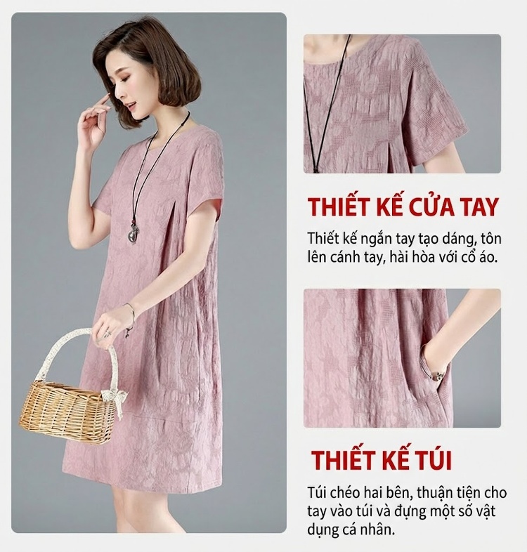 Váy Suông Nữ In Họa Tiết dáng chữ A Tay Ngắn Dáng Dài Vừa Màu Hồng chi tiết 4