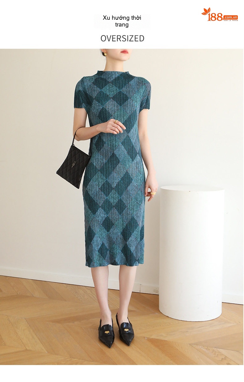 Váy Suông Nữ Mi宅 Pleats Họa Tiết Hình Thoi Phong Cách Trung Hoa Màu Nâu, Xanh, Hồng, Xám... chi tiết 2