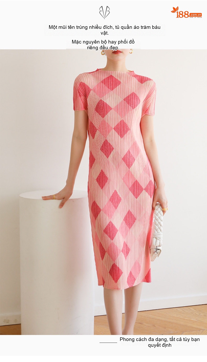 Váy Suông Nữ Mi宅 Pleats Họa Tiết Hình Thoi Phong Cách Trung Hoa Màu Nâu, Xanh, Hồng, Xám... chi tiết 3