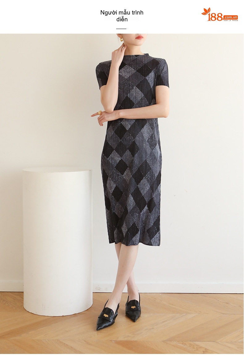 Váy Suông Nữ Mi宅 Pleats Họa Tiết Hình Thoi Phong Cách Trung Hoa Màu Nâu, Xanh, Hồng, Xám... chi tiết 6